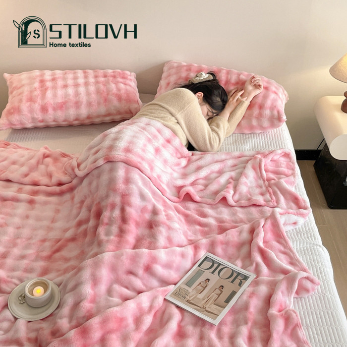 STILOVH Luxury Tie-dye Pink Faux Rabbit Fur Throw Blanket Super Soft Cozy  Fluffy Bubble Plush Blankets for Bed Sofa (Queen/Double size)