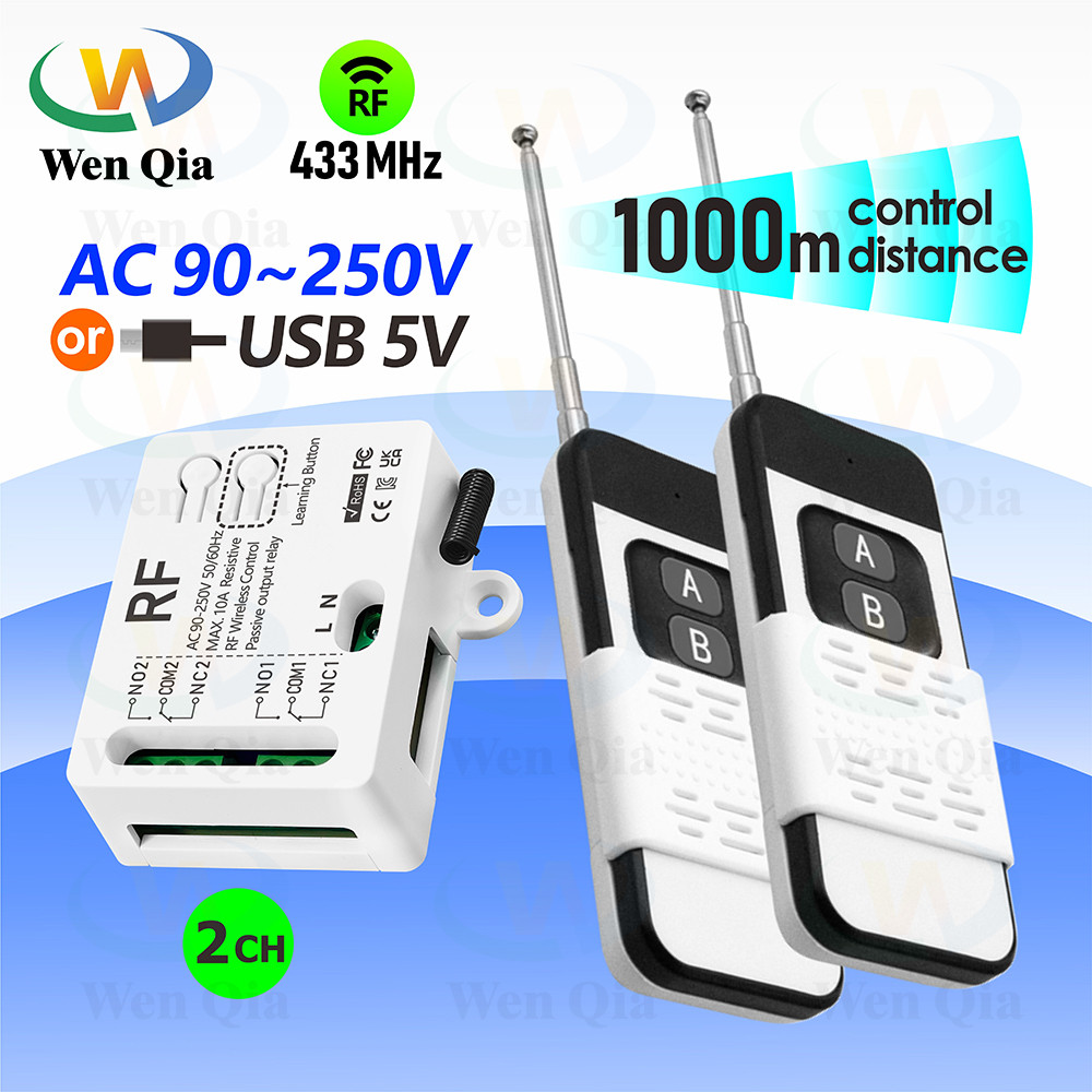 Universal 433MHz Remote Control Switch 2CH 110V 220V 230V 1000m Control ...