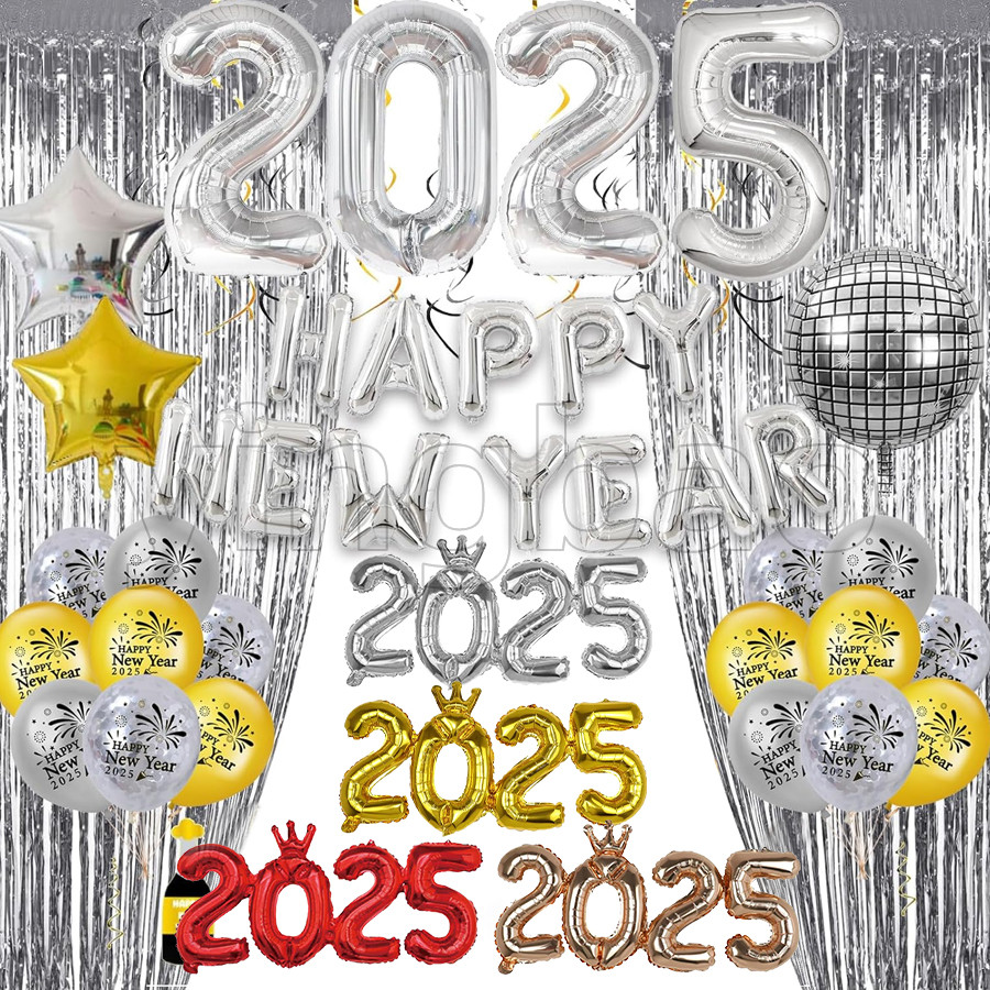 Happy New Year 2025 Balloons Gold Number 2025 Foil Balloons Happy New Year Balloon Banner Gold