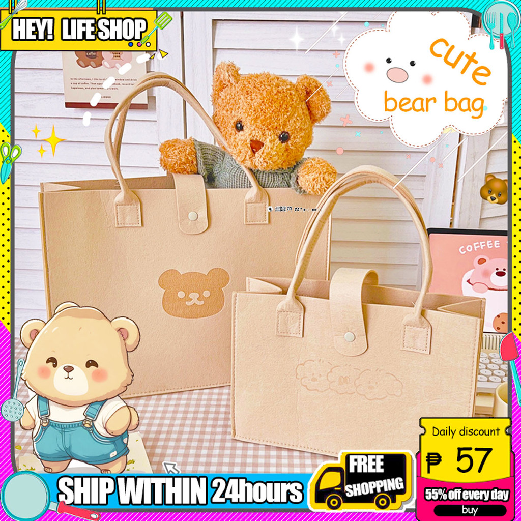 Large Capacity Cute Bear Felt Tote Bag Shopping Mother-baby Bag Tablet  Books Utility Storage Bags