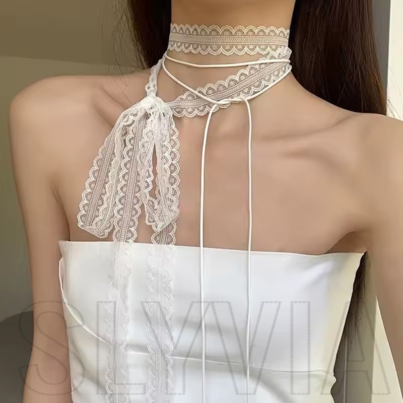 Double-Layered Bow-Knot Choker - Black White Lace Neck Strap - Long ...