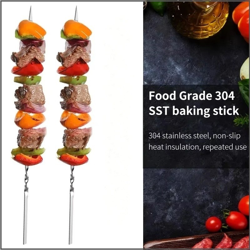 COLOGO 304 Stainless Steel BBQ Stick Drill Meat Lamb String Iron Skewer ...
