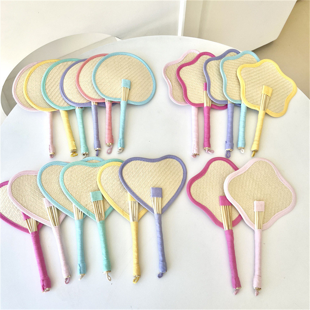 Summer Cooling Manual Straw Hand Fans Colorful Palm-leaf Fan Love-heart ...