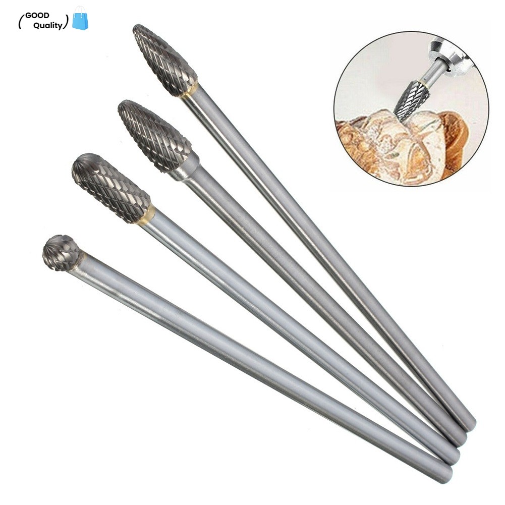 4-Piece Long Reach Tungsten Carbide Rotary Burr Set – 1/4" Shank, 6" Length, Double Cut