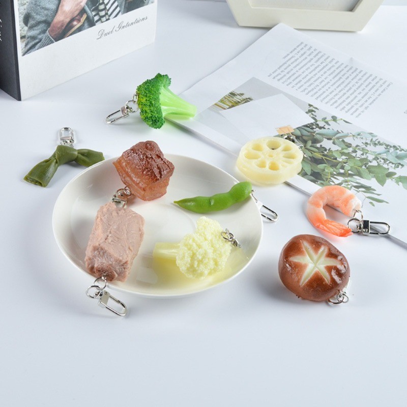 Simulation Food Keychain Shrimp Broccoli Mushroom Braised Pork Keyring ...