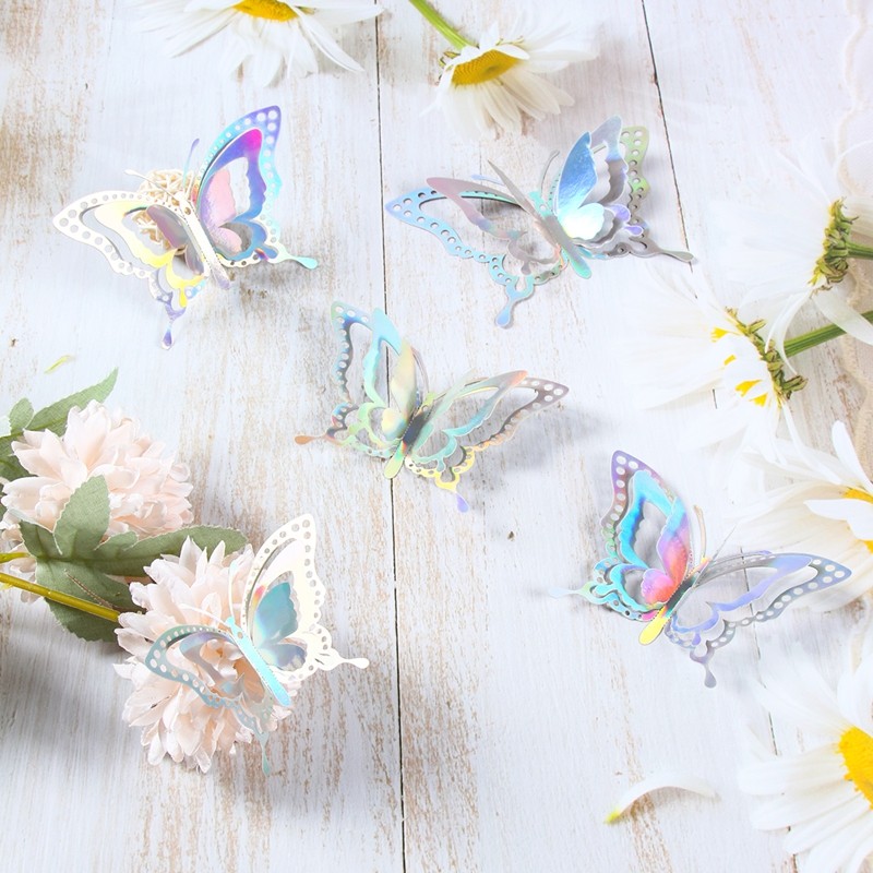 36pcs Illusionary Silver Butterfly Sticker Wall Hanging Cake Decor ...