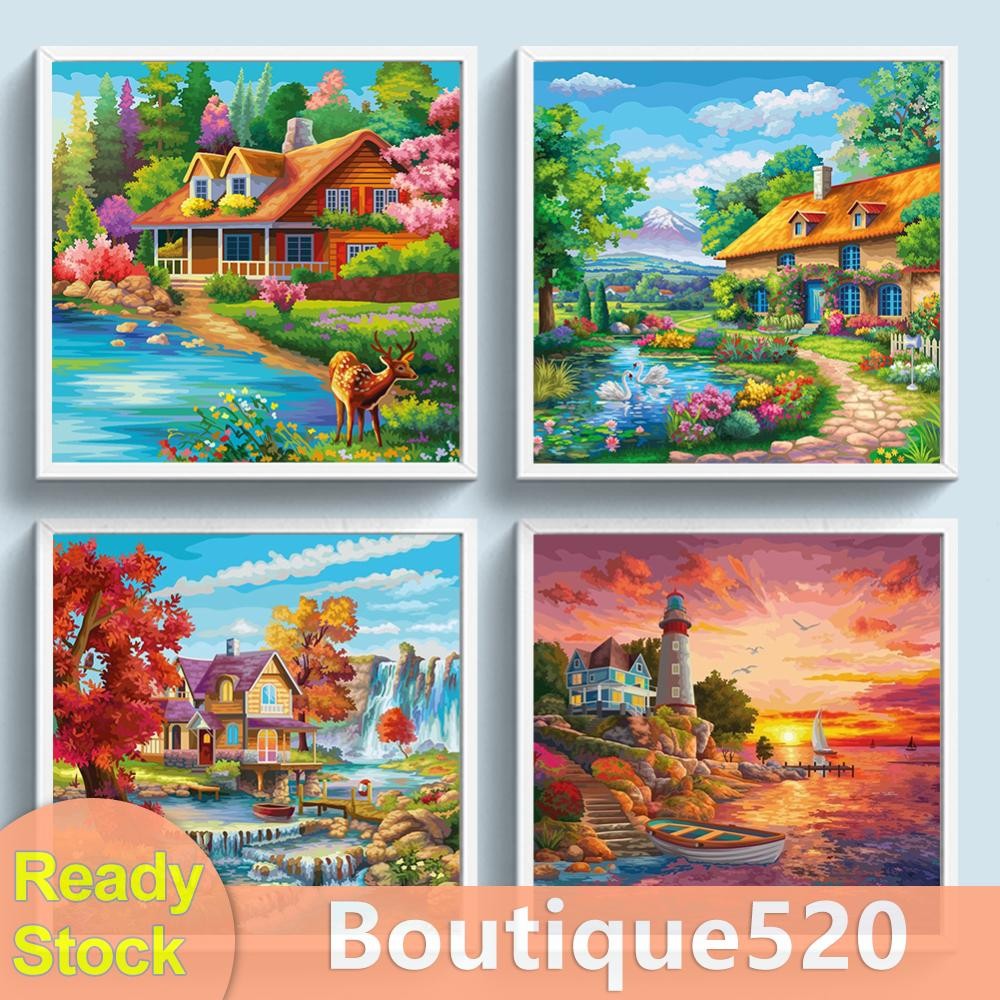 Full Embroidery Eco-cotton Thread 14CT Printed Landscape Hut Cross ...
