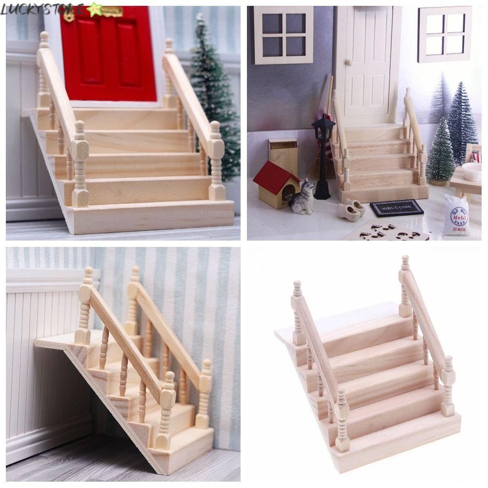 LUCKYSTORE Dollhouse Staircase, Wooden Unpainted Miniature Staircase ...