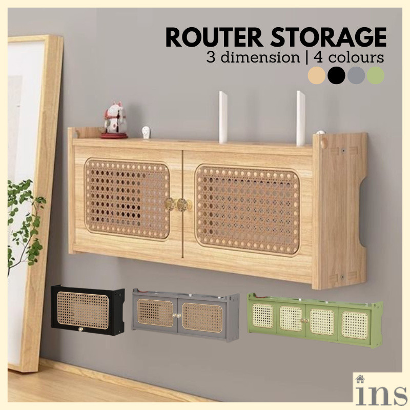 Vintage Solid Wood Rattan Hidden Wireless Router Modem Storage Box Wall ...