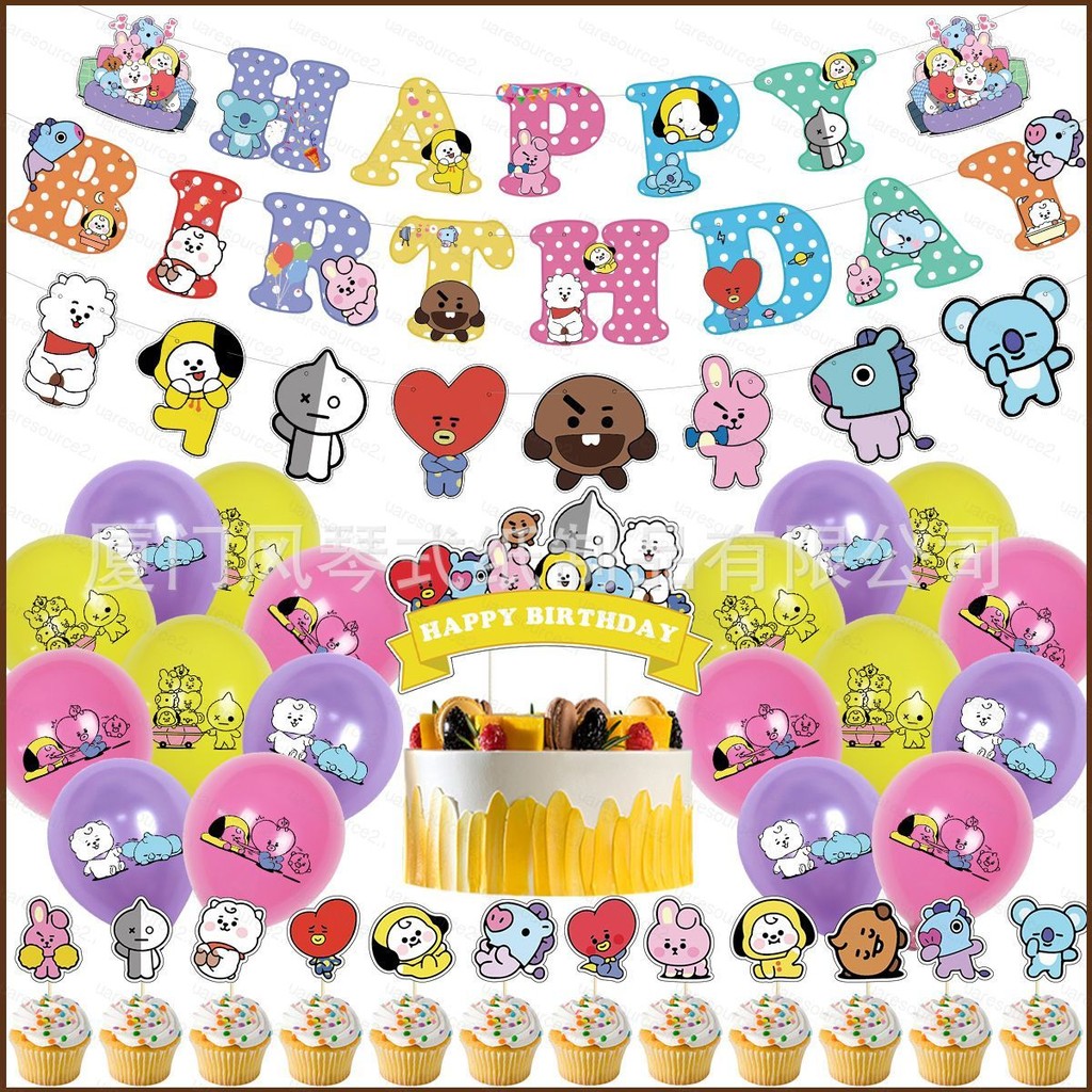 SQ2 New KPOP BTS BT21 Theme Birthday Party Decoration Cake Topper Latex ...