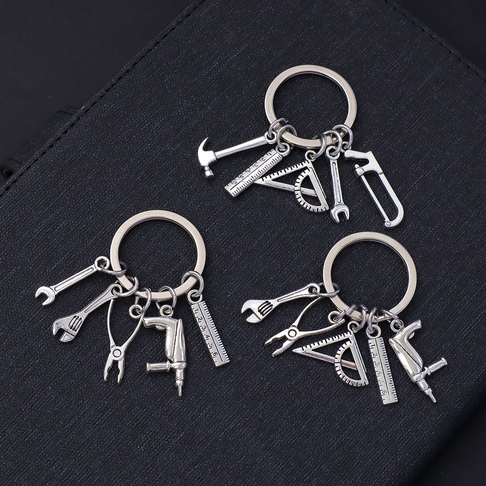 Creative Tool Shape Metal Key Ring Simple Silver Color Wrench Ruler Saw ...