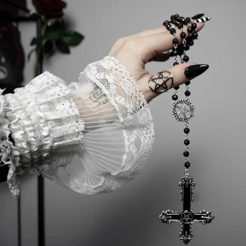Gothic Dark Retro Rose Y2K Inverted Five-Pointed Star Inverted Cross ...