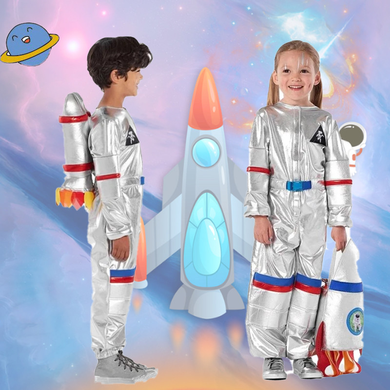 Silver Astronaut Costume for Kids Boy Girl Space Suit Bodysuit 3D ...