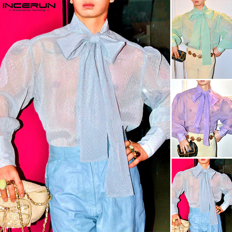INCERUN Men Fashion Fashion Glitter Ribbon Design See-Through Long ...