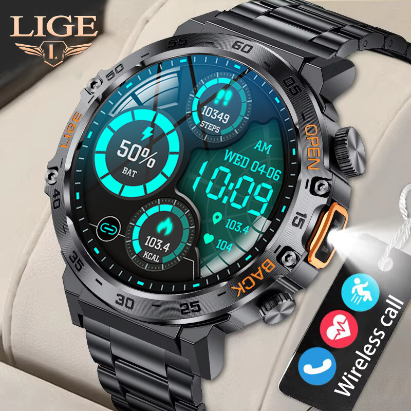 LIGE Smart Watch Original With LED Flashlight Full Touch Sports Fitness