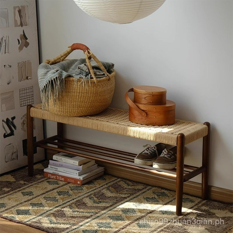 Japanese Style Solid Wood Shoe Changing Bench Oak Bedroom Simple Bed ...