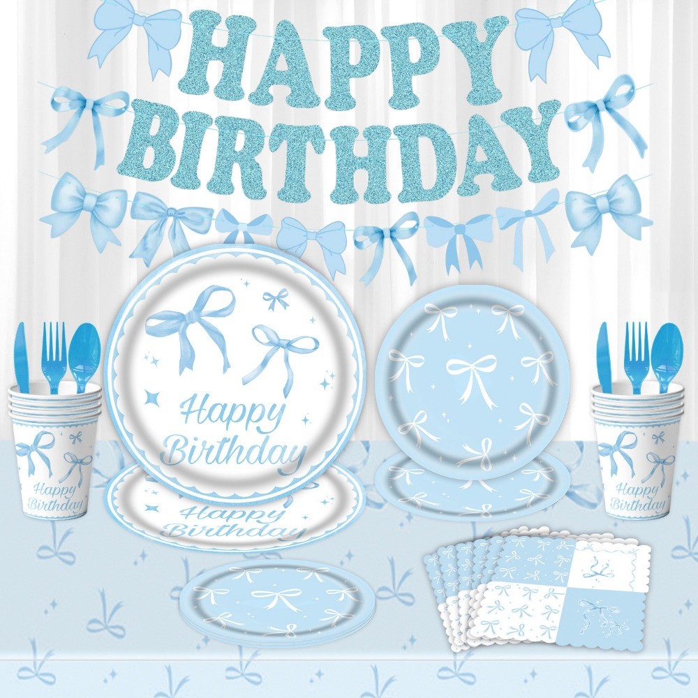 Blue Bow Birthday Theme Party Decoration Tableware Plate Cup Coquette ...