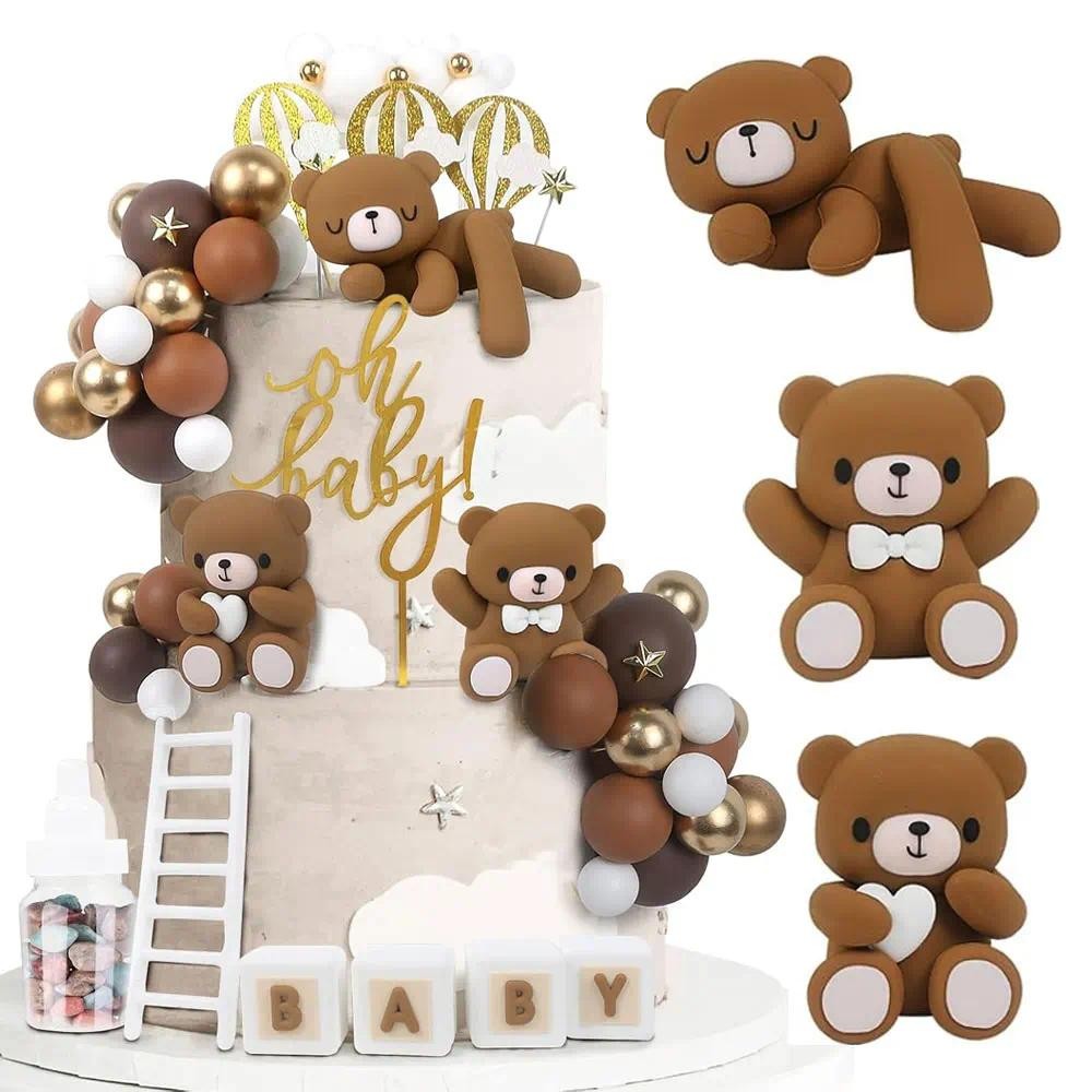 Brown Bear Cake Toppers Baby Letters Blocks Mini 3D Bear Cake Stand for ...