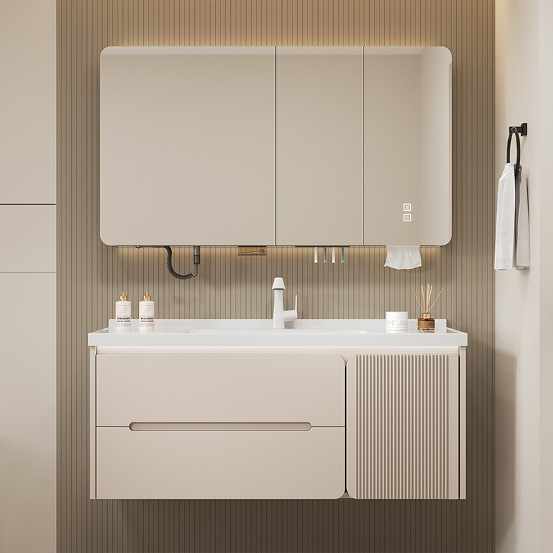 Minimalist Cream Style Integrated Ceramic Basin Smart Bathroom Cabinet ...