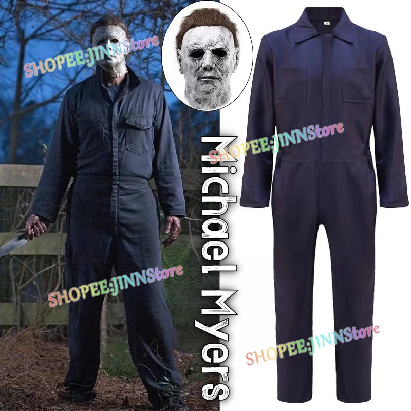 JINN Halloween Horror Bloody Killer Michael Myers Cosplay Costume  Michael Myers Jumpsuit Mask Set Carnival Anime Party Roleplay Costumes
