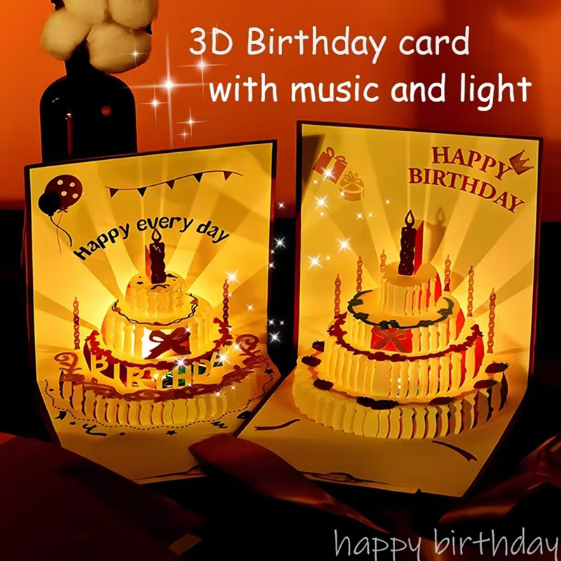 3D Happy Birthday Cards with Music Light Birthday Card Can pop up cake ...