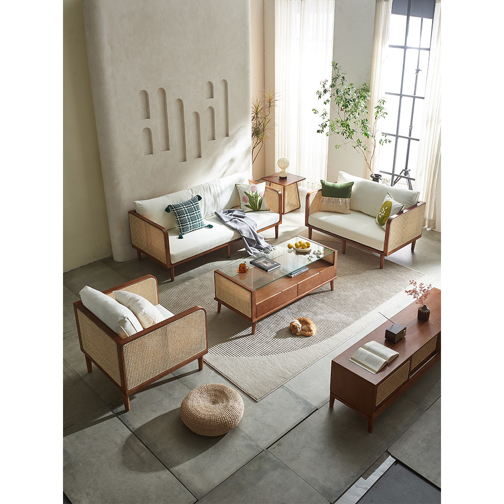 Rattan Weaving Master Nordic Solid Wood Rattan Sofa Set Homestay ...