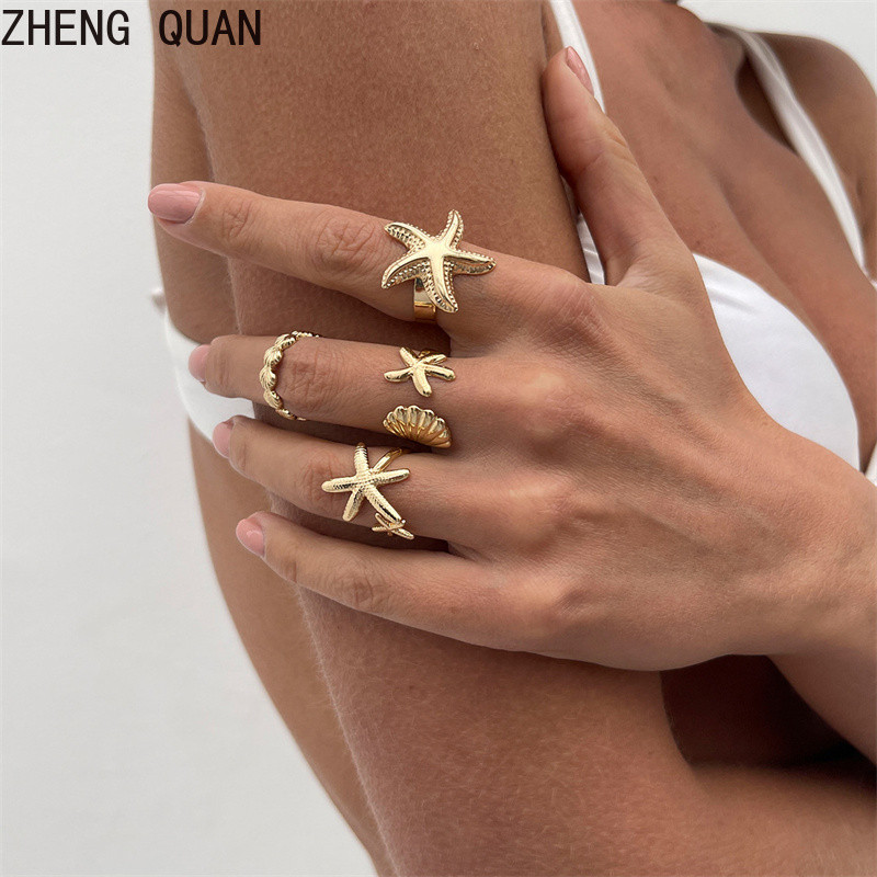 4 PCS/SET Boho Beach Starfish Shell Ring Sets Gold & Silver-Tone Rings ...