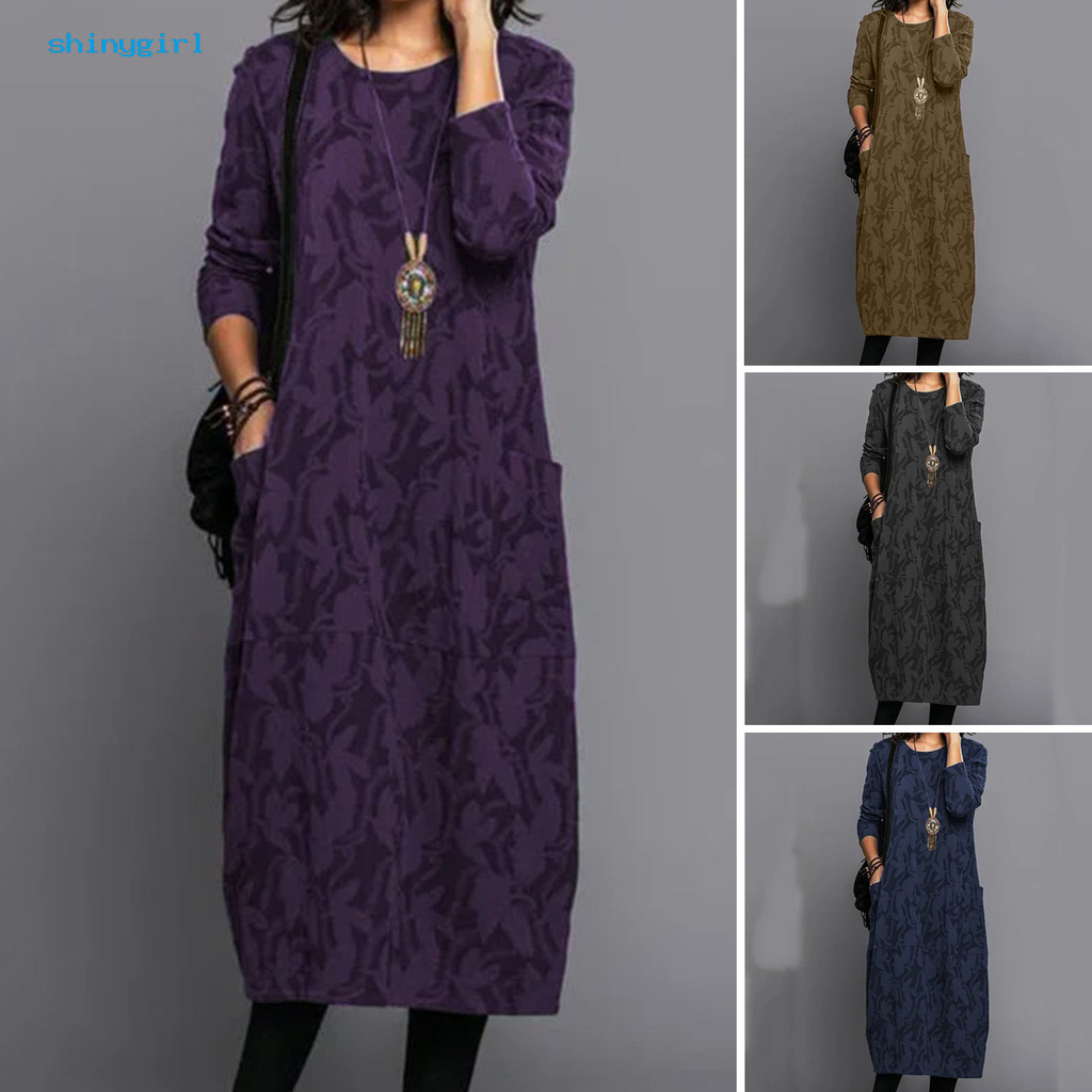 SHI- Women Spring Autumn Dress Round Neck Long Sleeves with Side ...