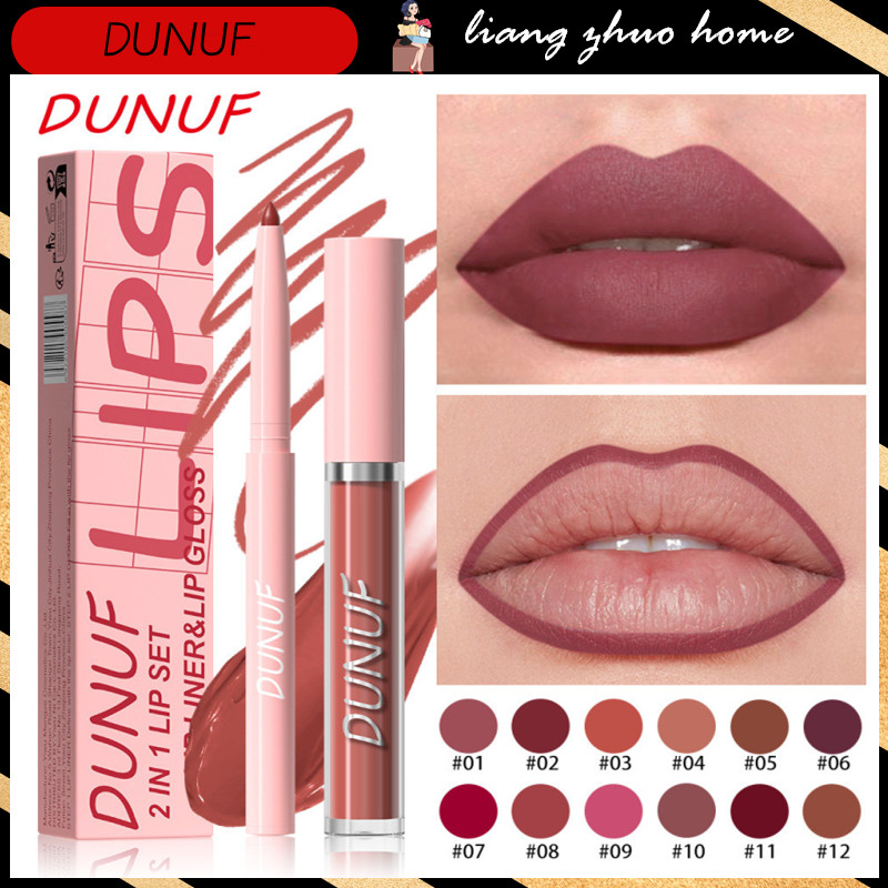 DUNUF 2 IN 1 Shaping Lip Contour Slim Lipliner Pencil Lip Gloss Set 12 ...