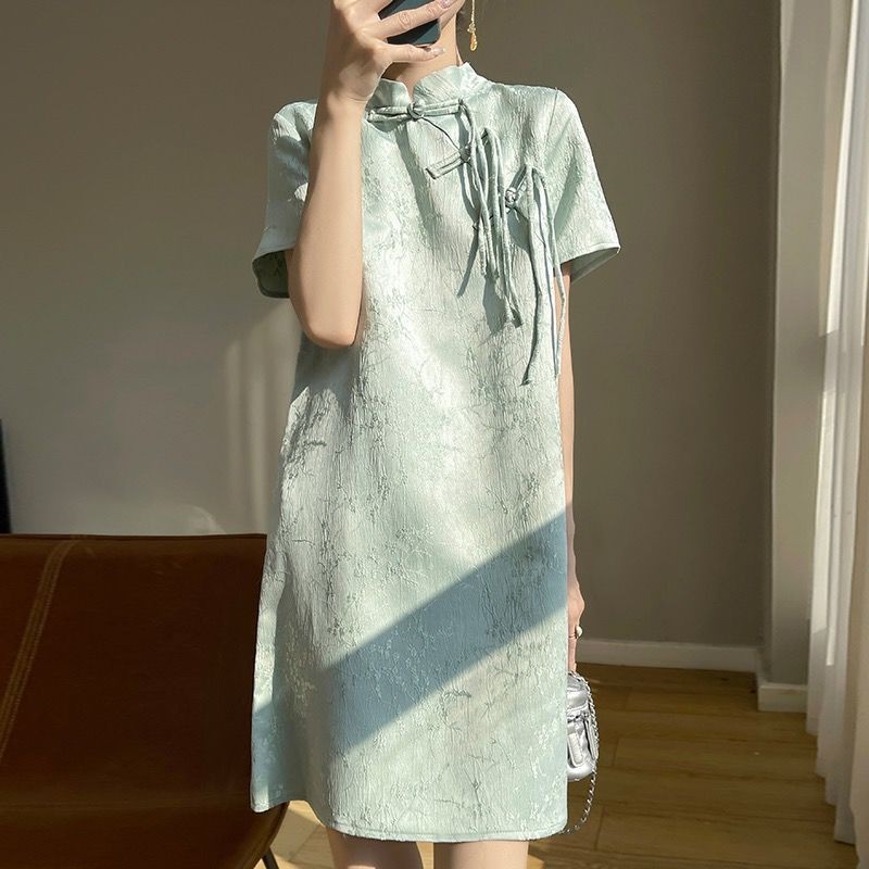 New Chinese high-end heavy industry embroidery improved cheongsam dress summer new national style splicing dress women N4073