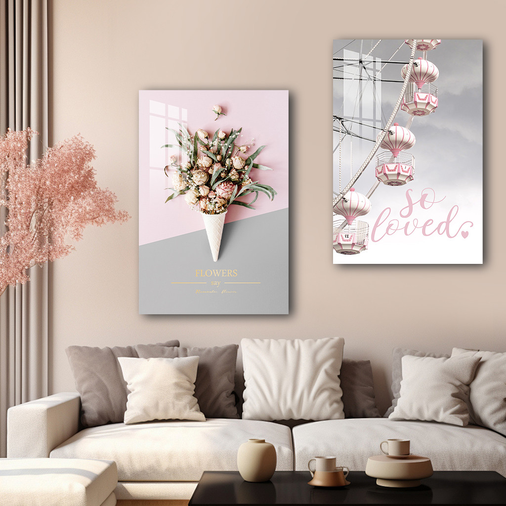 INS Pink Flower Wall Painting Scenery Decoration Living Room Aesthetic ...