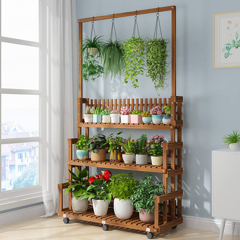 Indoor Stepped Flower Stand Movable Solid Wood Living Room Plant Flower ...