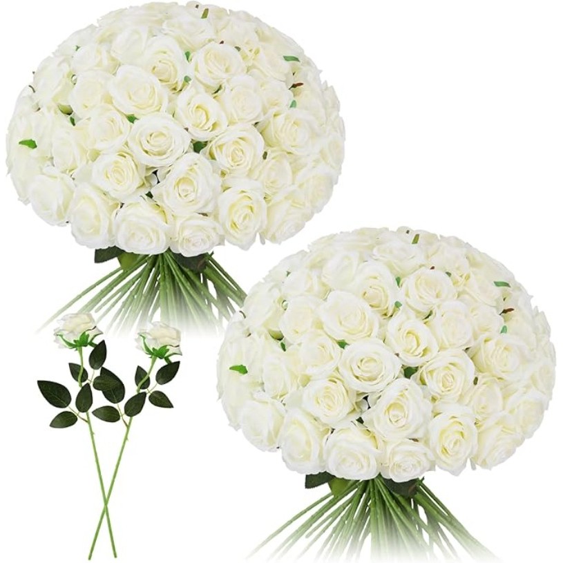 1Pc White Roses Artificial Flowers Bulk Realistic Long Stem Fake Silk ...