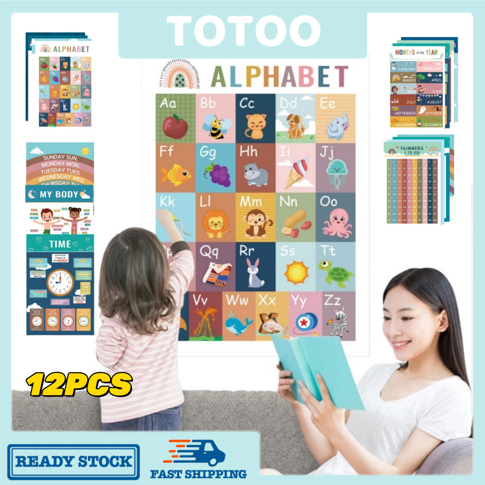 12 PCS Early Childhood Enlightenment Education Poster Silent Wall Chart ...