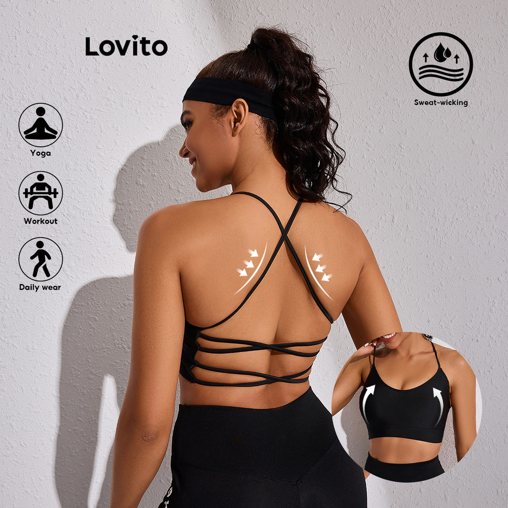 Lovito Women Sporty Plain Criss Cross Backless Sports Bra Lbl17721