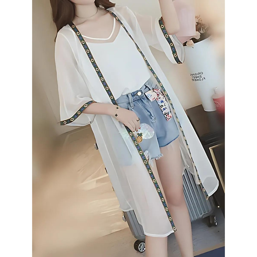 New White Sheer Kimono Coverup Mid Length