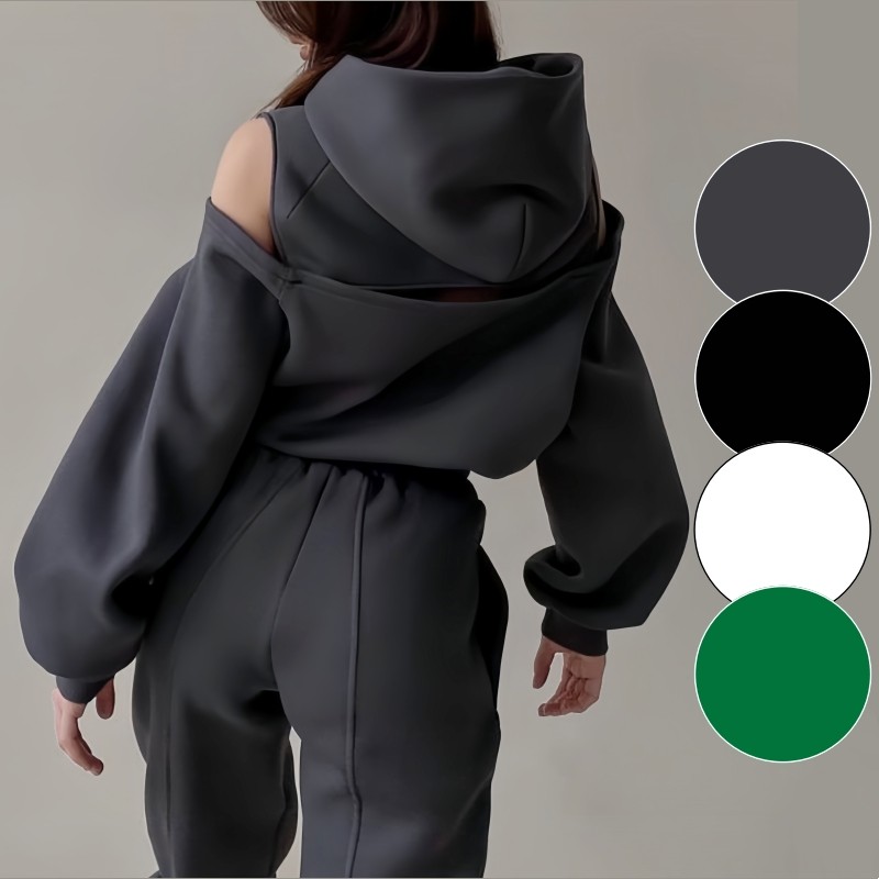 Womens Fleece Piece Outfits Sweatsuit cold Shoulder back hollow