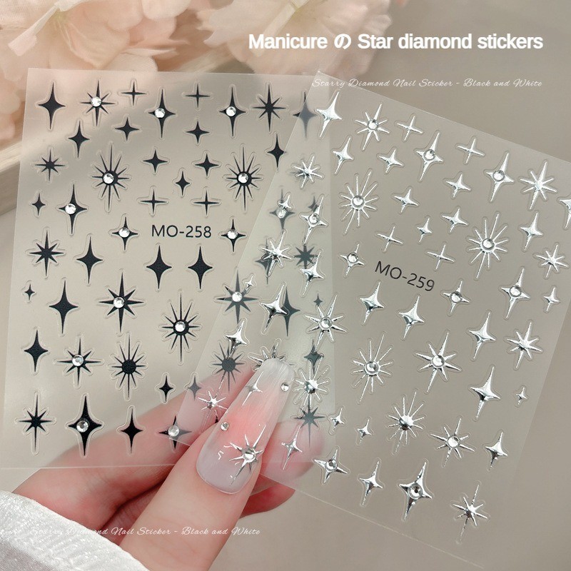 Embossed Starburst Rhinestone Nail Stickers/metallic Silver Black Nail ...