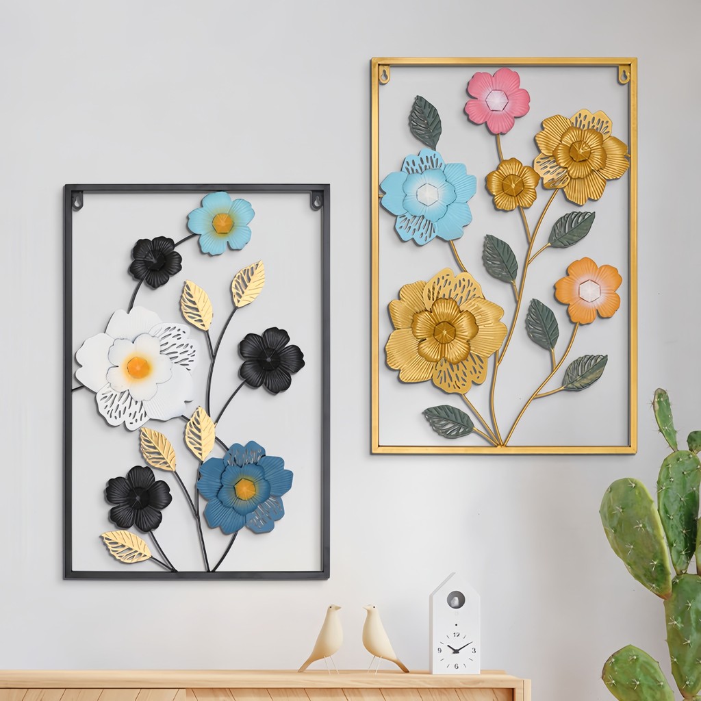 【Local Shipment】Metal Wall Decor with Square Frame Flower Art Gold ...