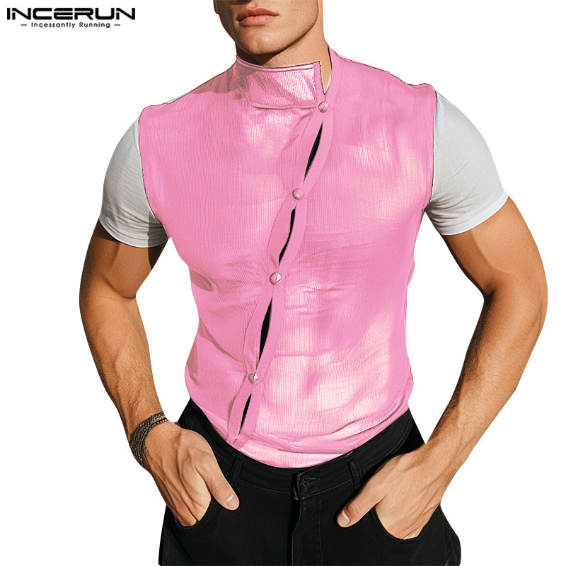 INCERUN Men's Vertical Mesh Perspective Splicing Color Contrasting ...
