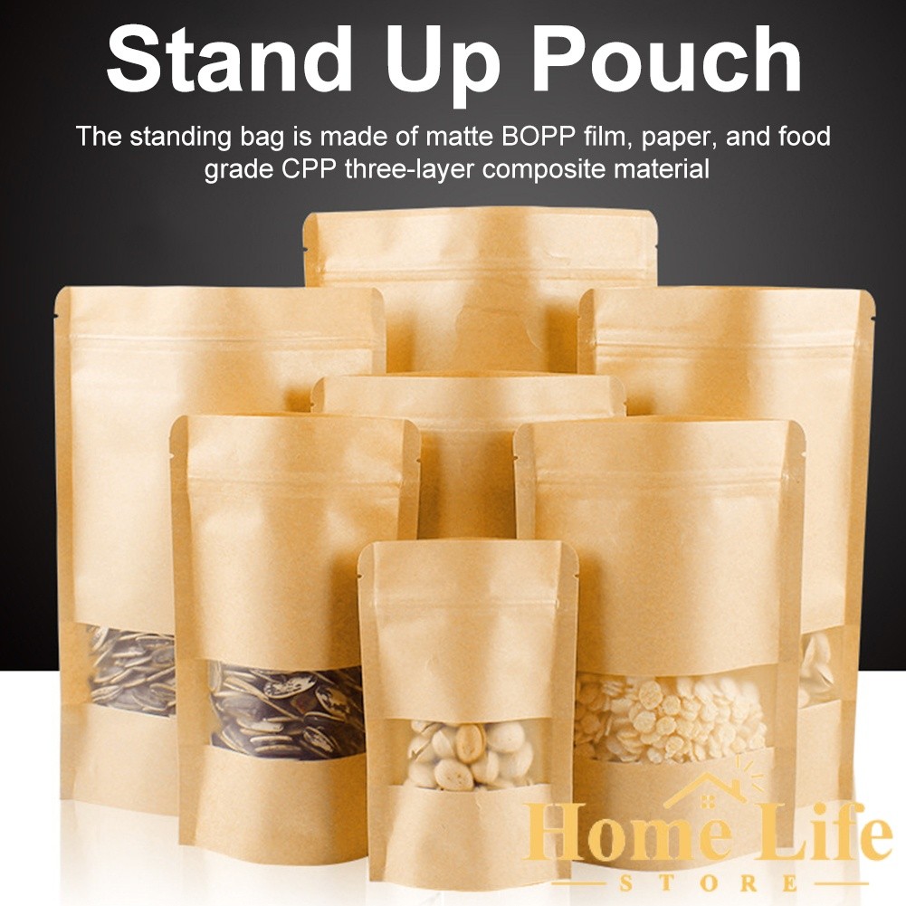 HL 100pcs Brown Kraft Stand Up Pouch with Zip Lock Resealable Plastic ...
