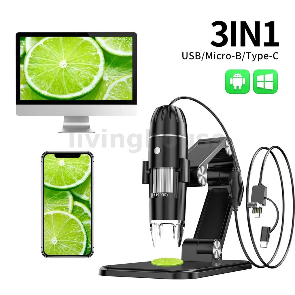 3-in-1 50X-1000X Portable Digital Microscope 1080P HD WiFi USB 8 LED ...
