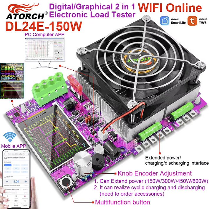 Atorch DL24MP DL24EW 150W to 600W wifi Load Voltage Indicator Power ...