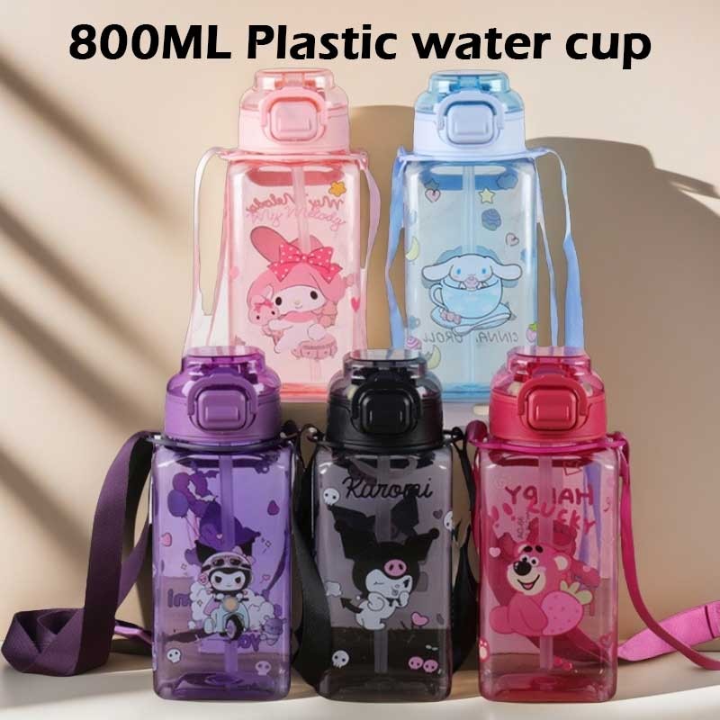 Kid Kids Kuromi My Melody Square Water Bottle 800ml Plastic Straw Cup 