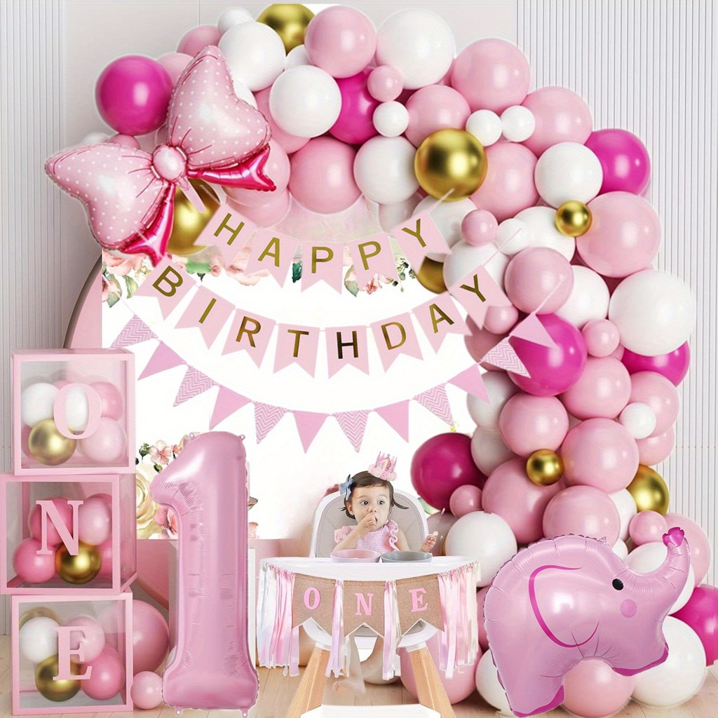 Baby Girls 1st Birthday Decoration Set Hot Pink Balloon with Banner and ...