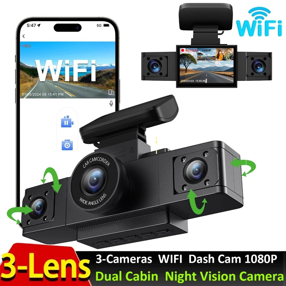 Dash cam with WIFI 3 Way Black Box FHD 1080P CAR DVR 3 Cameras Car ...