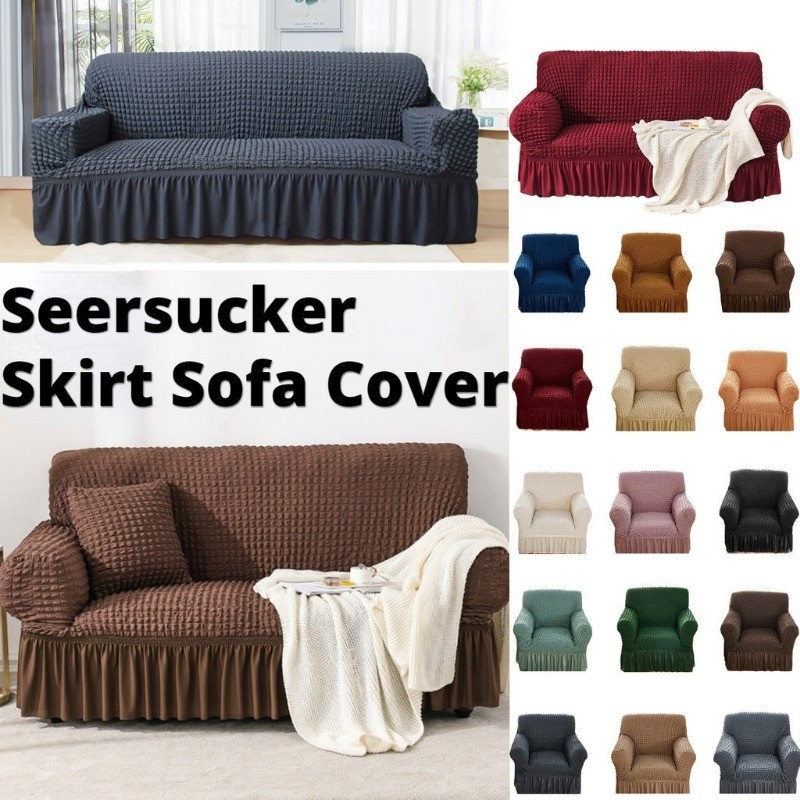 1/2/3/4Seater Seersucker Skirt Sofa Cover with Elastic Universal Sofa ...