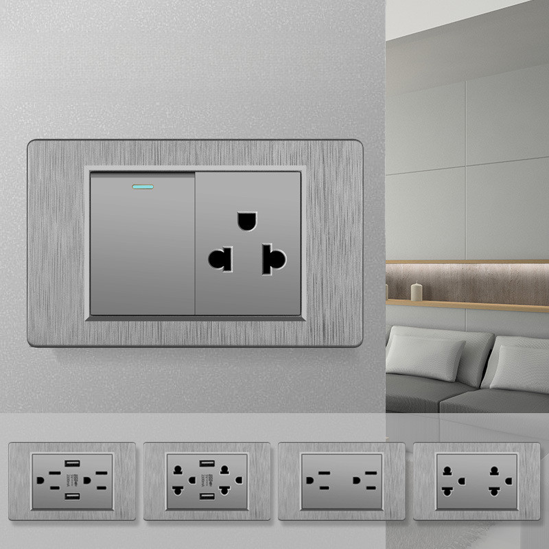 Brushed Gray Panel Universal Wall Outlet Socket Light Switch Modern 1/2 ...