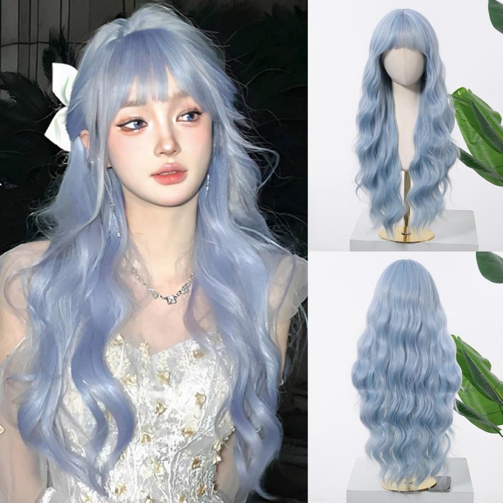 Light Blue Hair Wig with Bangs Long Wavy Synthetic Wig Baby Blue Curly ...