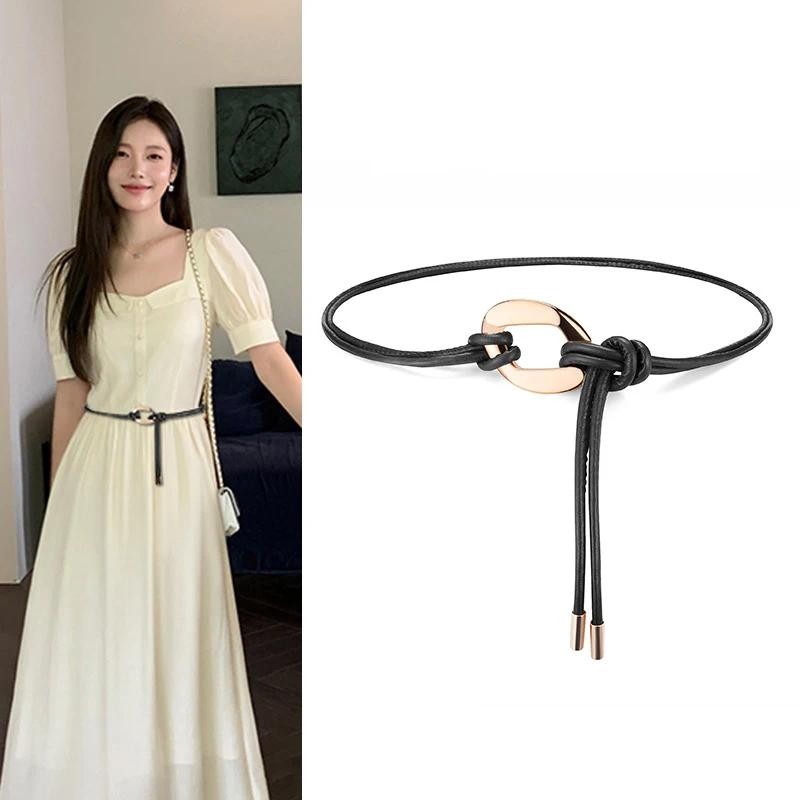 New Women PU Leather Rope Knotted Belt Korean Metal Buckle Thin ...